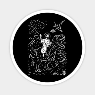 Jesus Riding a T-Rex UFOs Fly Surreal Mushup Magnet