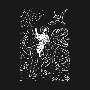 Jesus Riding a T-Rex UFOs Fly Surreal Mushup T-Shirt