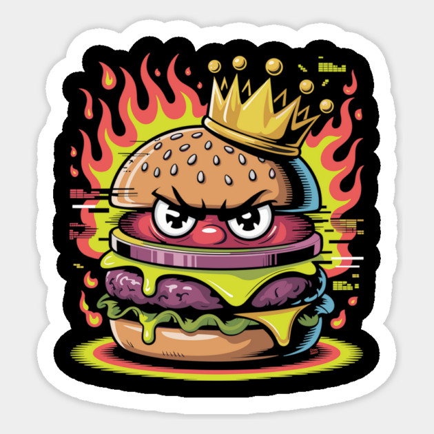 Burger Royalty – Angry Cheeseburger King with Crown & Flames Sticker by Cosmo Gazoo
