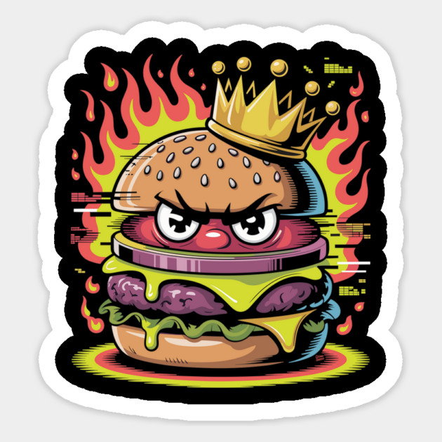 Burger Royalty – Angry Cheeseburger King with Crown & Flames Magnet by Cosmo Gazoo