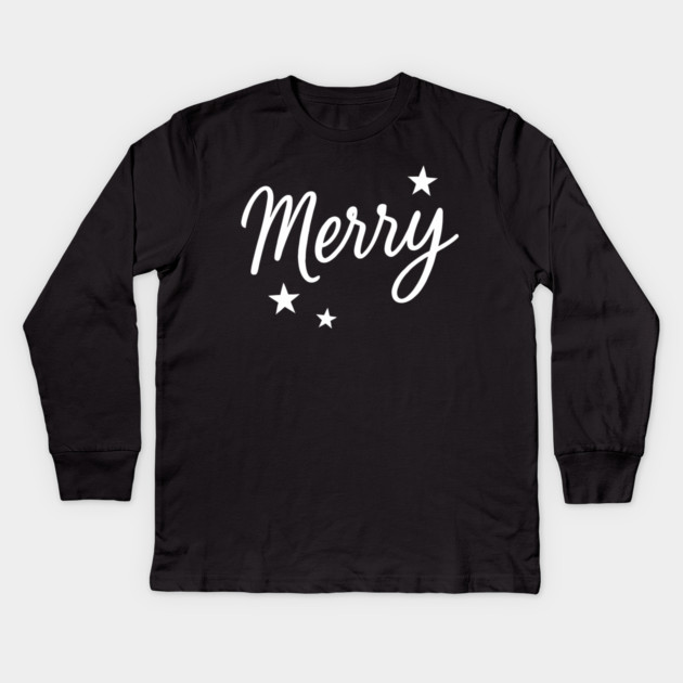 Merry – Minimal Christmas Script with Stars Kids Long Sleeve T-Shirt by DonWillisJrArt