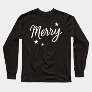 Merry – Minimal Christmas Script with Stars Long Sleeve T-Shirt