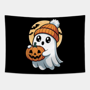 Cute Ghost with Pumpkin for Halloween Party Spooky Tapestry