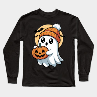 Cute Ghost with Pumpkin for Halloween Party Spooky Long Sleeve T-Shirt