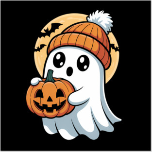 Cute Ghost with Pumpkin for Halloween Party Spooky Posters and Art