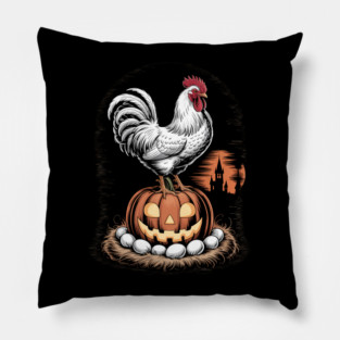 Halloween Chicken Halloween Fall Junk Journal white chicken standing proudly on top of a carved jack-o’-lantern Pillow