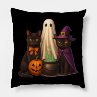 Spooky Witch Black Cat Trio – Halloween Pumpkin & Ghost Pillow