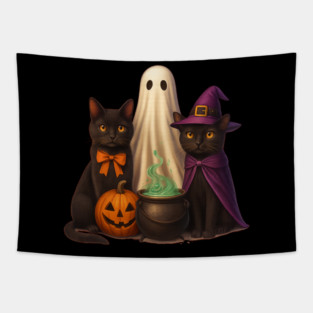 Spooky Witch Black Cat Trio – Halloween Pumpkin & Ghost Tapestry