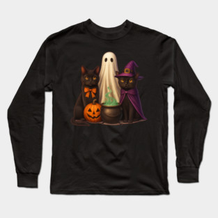 Spooky Witch Black Cat Trio – Halloween Pumpkin & Ghost Long Sleeve T-Shirt