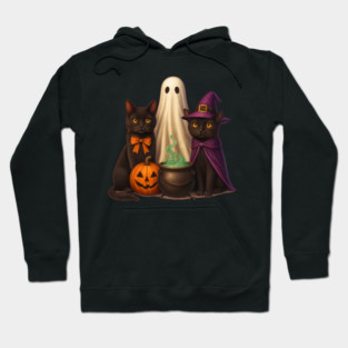Spooky Witch Black Cat Trio – Halloween Pumpkin & Ghost Hoodie