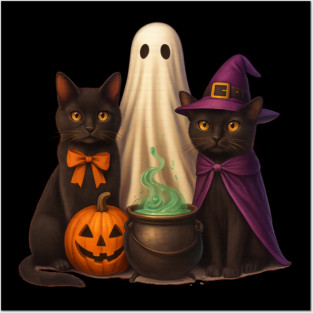 Spooky Witch Black Cat Trio – Halloween Pumpkin & Ghost Posters and Art
