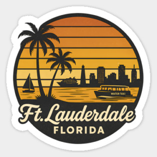 Retro Ft Lauderdale Florida Sunset Design with Palm Trees and Water Taxi Scene Sticker
