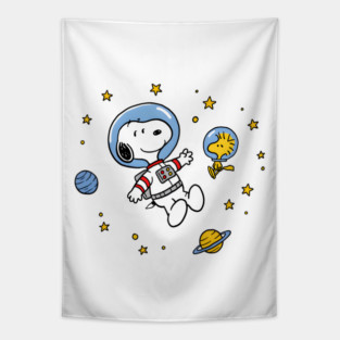 Astronaut Snoopy and Woodstock Floating in Space Tapestry