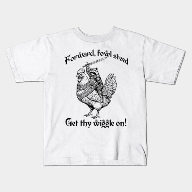 Forward, Fowl Steed! Get Thy Wiggle On! Knight Raccoon astride Giant Chicken. Kids T-Shirt by Luxinda