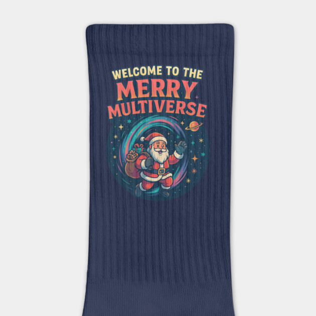 "Welcome to the Merry Multiverse – Funny Sci-Fi Christmas Santa T-Shirt" by Anne Lee