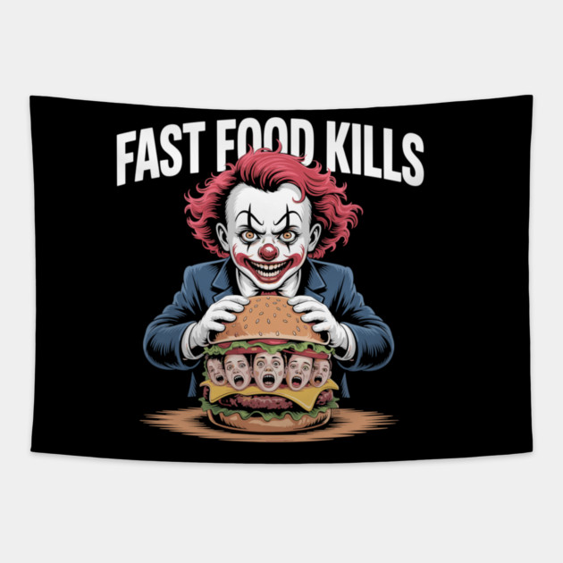 Fast Food Kills – Killer Clown Burger Tapestry by Cosmo Gazoo