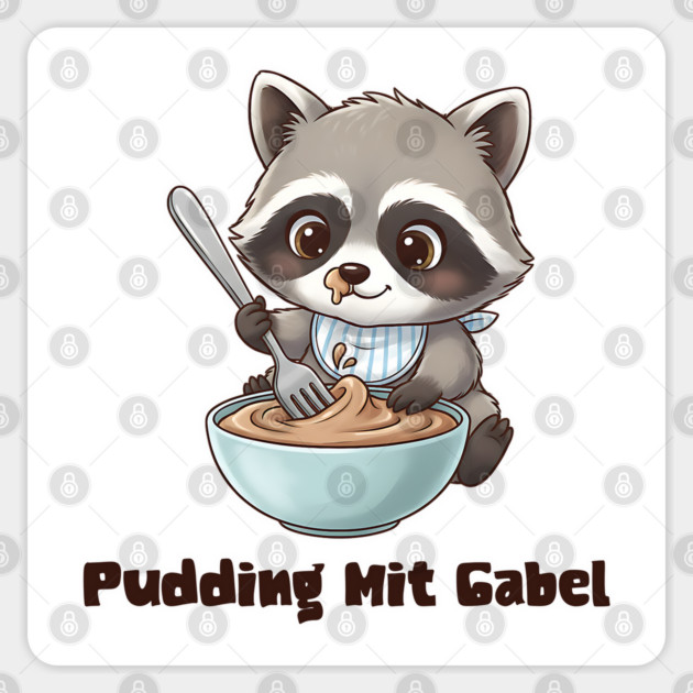 Pudding Mit Gabel, cute raccoon trying to eat pudding with a fork Sticker by Luxinda