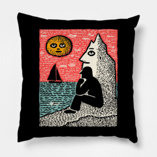 Seascape Solitude – Contemplation by the Ocean Linocut Pillow