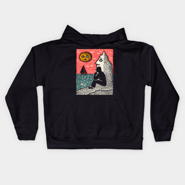 Seascape Solitude – Contemplation by the Ocean Linocut Kids Hoodie by TuncGK