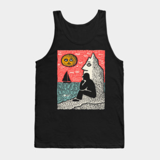Seascape Solitude – Contemplation by the Ocean Linocut Tank Top