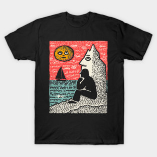 Seascape Solitude – Contemplation by the Ocean Linocut T-Shirt
