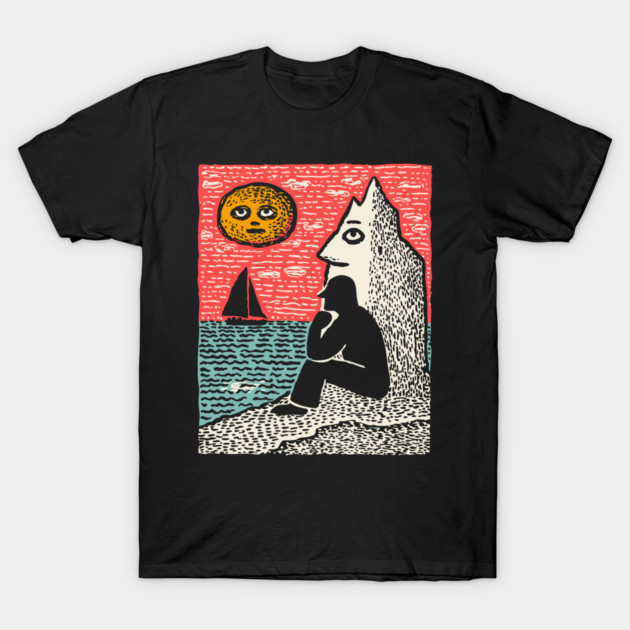 Seascape Solitude – Contemplation by the Ocean Linocut T-Shirt by TuncGK