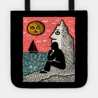 Seascape Solitude – Contemplation by the Ocean Linocut Tote