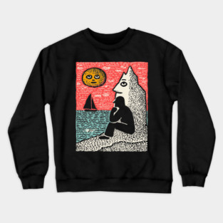 Seascape Solitude – Contemplation by the Ocean Linocut Crewneck Sweatshirt
