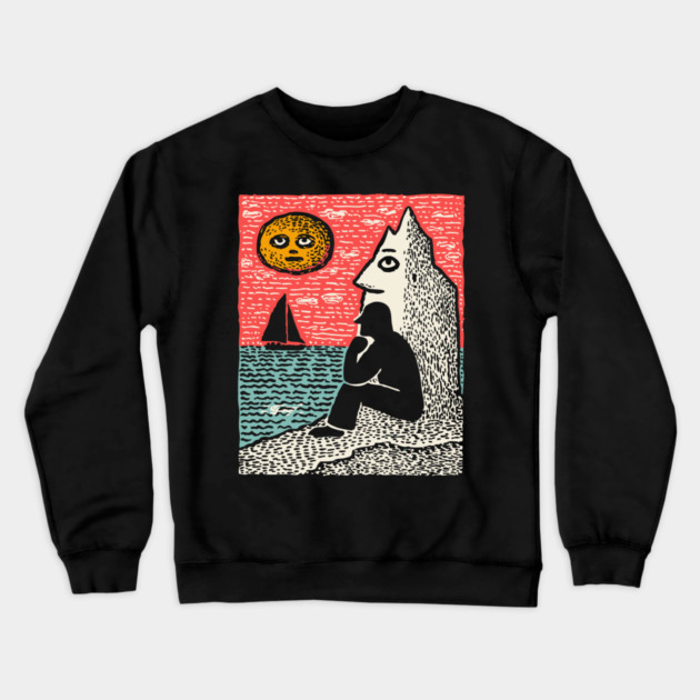 Seascape Solitude – Contemplation by the Ocean Linocut Crewneck Sweatshirt by TuncGK