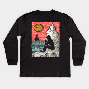 Seascape Solitude – Contemplation by the Ocean Linocut Kids Long Sleeve T-Shirt