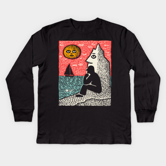 Seascape Solitude – Contemplation by the Ocean Linocut Kids Long Sleeve T-Shirt by TuncGK