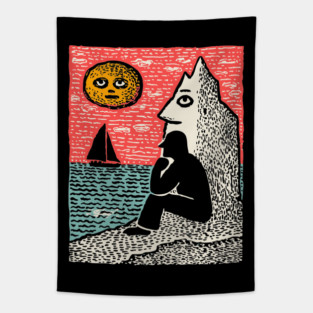 Seascape Solitude – Contemplation by the Ocean Linocut Tapestry