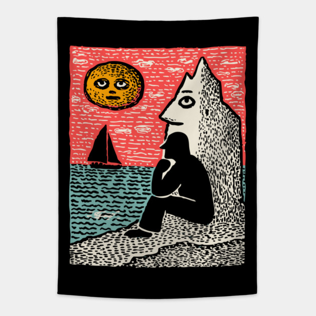 Seascape Solitude – Contemplation by the Ocean Linocut Tapestry by TuncGK