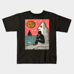Seascape Solitude – Contemplation by the Ocean Linocut Kids T-Shirt