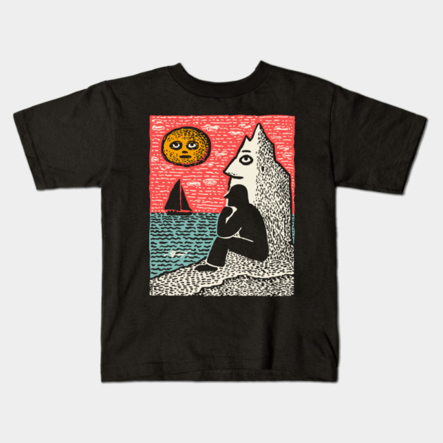 Seascape Solitude – Contemplation by the Ocean Linocut Kids T-Shirt by TuncGK
