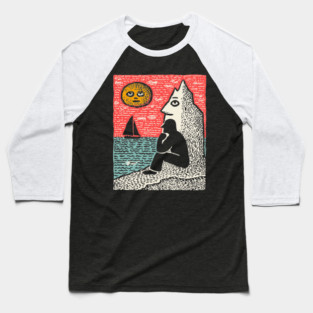 Seascape Solitude – Contemplation by the Ocean Linocut Baseball T-Shirt