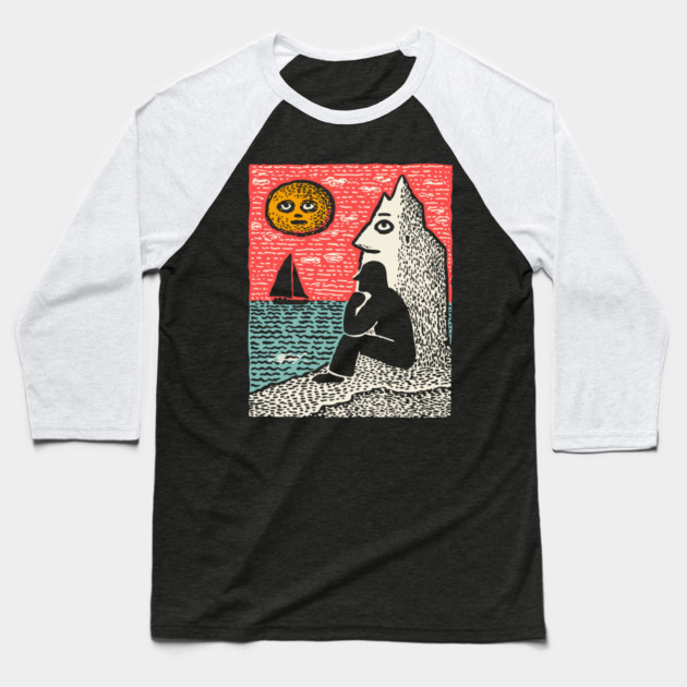 Seascape Solitude – Contemplation by the Ocean Linocut Baseball T-Shirt by TuncGK