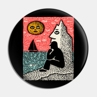 Seascape Solitude – Contemplation by the Ocean Linocut Pin