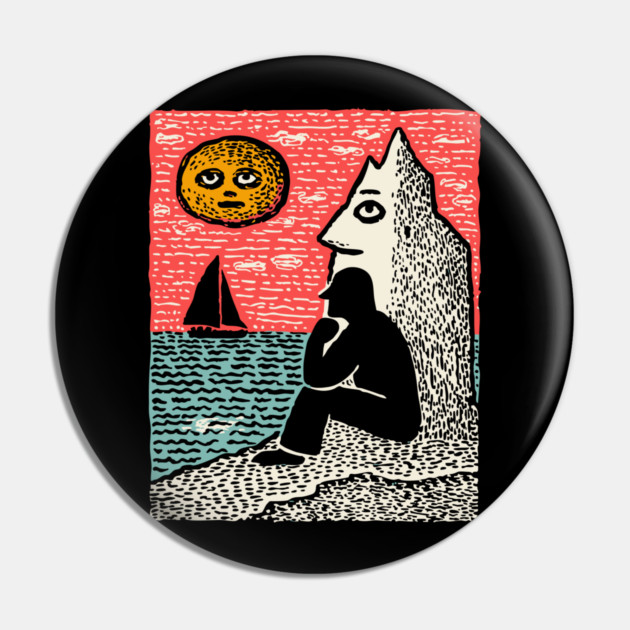 Seascape Solitude – Contemplation by the Ocean Linocut Pin by TuncGK