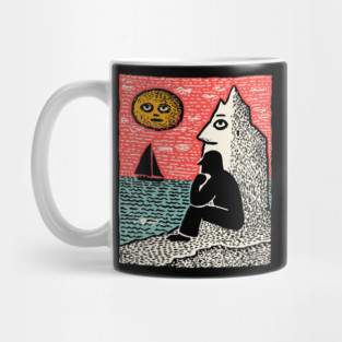 Seascape Solitude – Contemplation by the Ocean Linocut Mug