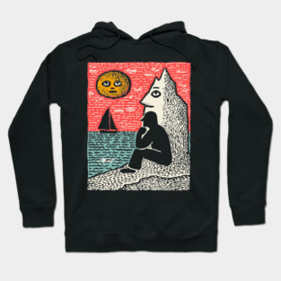 Seascape Solitude – Contemplation by the Ocean Linocut Hoodie