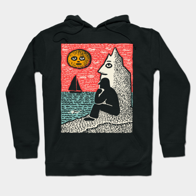 Seascape Solitude – Contemplation by the Ocean Linocut Hoodie by TuncGK