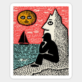 Seascape Solitude – Contemplation by the Ocean Linocut Sticker