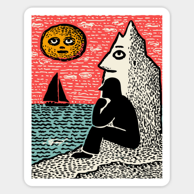 Seascape Solitude – Contemplation by the Ocean Linocut Magnet by TuncGK
