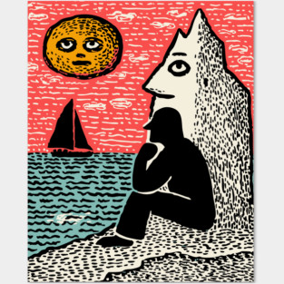 Seascape Solitude – Contemplation by the Ocean Linocut Posters and Art