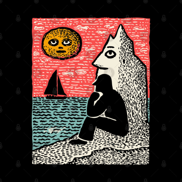 Seascape Solitude – Contemplation by the Ocean Linocut by TuncGK