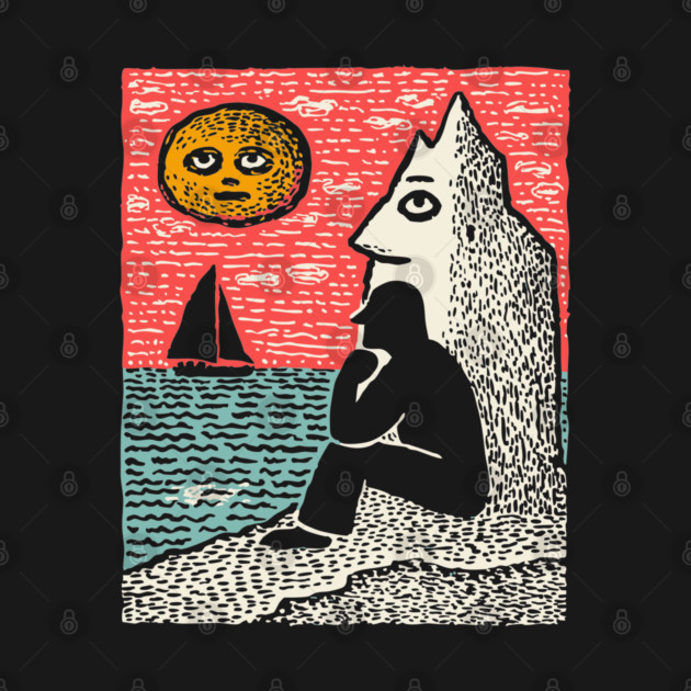 Seascape Solitude – Contemplation by the Ocean Linocut by TuncGK