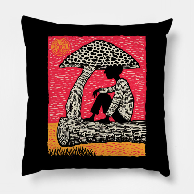 Shrooming Under Sun – Forest Solace Linocut Pillow by TuncGK