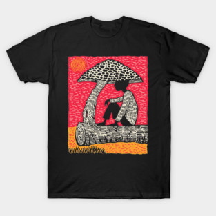 Shrooming Under Sun – Forest Solace Linocut T-Shirt