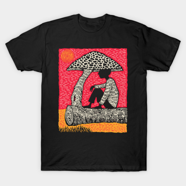 Shrooming Under Sun – Forest Solace Linocut T-Shirt by TuncGK